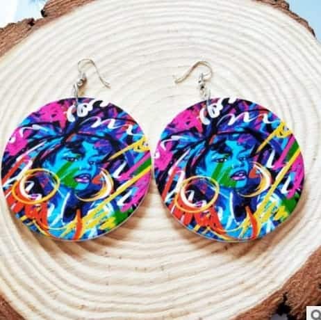 Colorful Abstract Face Painting Wooden Earrings