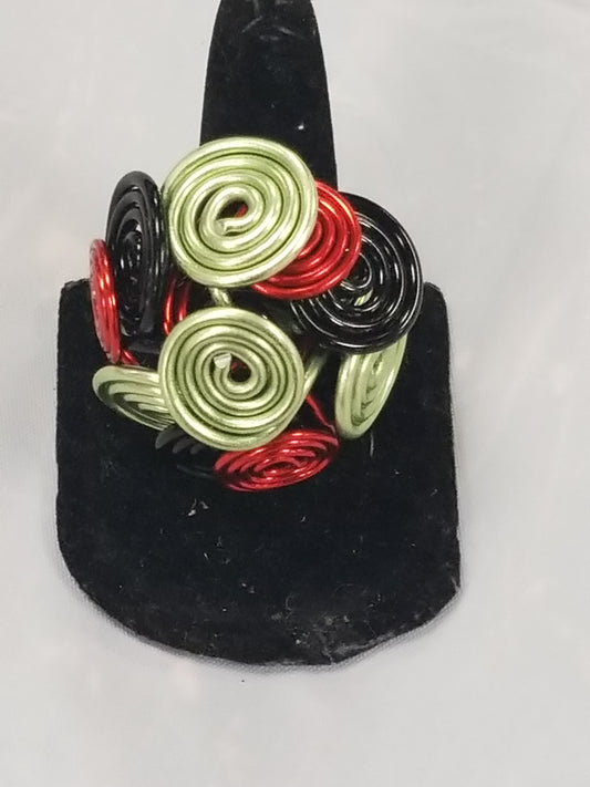 Red Black and Green Flower Swirl Ring