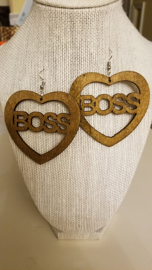 Heart-shaped Boss Wooden Earrings